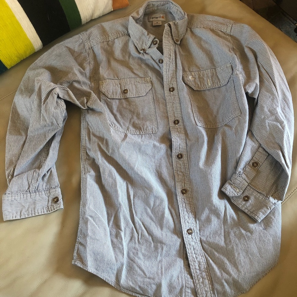 Carhartt long-sleeve work shirt. Durable & cool.